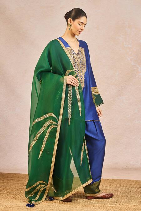 Buy_Masaba_Blue Chanderi, Organza Embroidery, Patchwork, Lace, Dil Jaanta Hai Kurta Set 