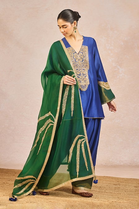 Shop_Masaba_Blue Chanderi, Organza Embroidery, Patchwork, Lace, Dil Jaanta Hai Kurta Set 
