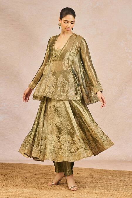 Masaba_Green Tissue Embroidery Plunge Neck, Khwabon Ki Shehzadi Kurta Set With Skirt _Online_at_Aza_Fashions