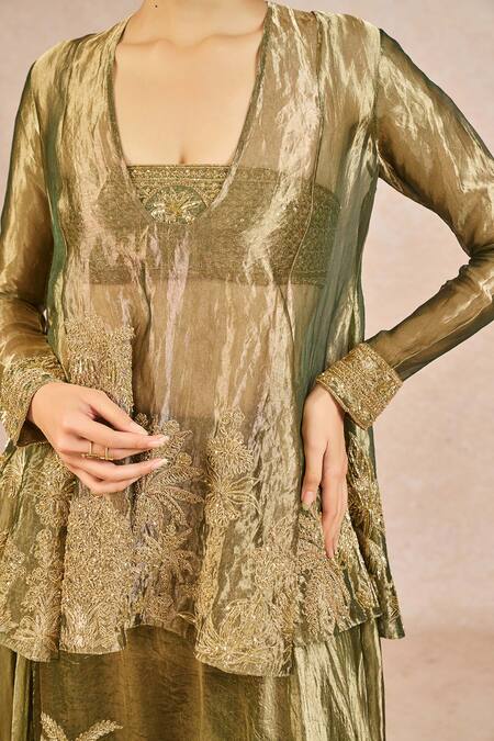 Buy_Masaba_Green Tissue Embroidery Plunge Neck, Khwabon Ki Shehzadi Kurta Set With Skirt _Online_at_Aza_Fashions