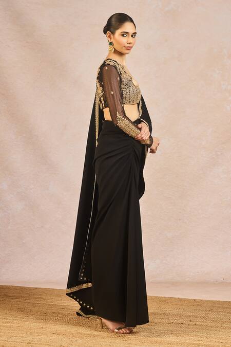 Masaba_Black Crepe, Tulle Embroidery, Stones, Zari, Aur Tum Pre-stitched Saree Set _Online_at_Aza_Fashions