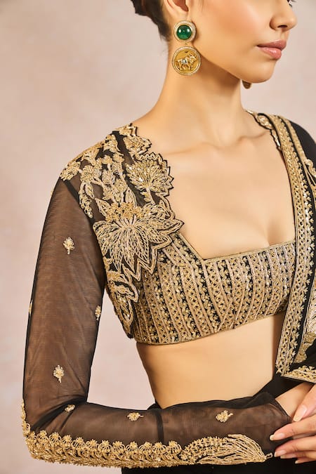 Shop_Masaba_Black Crepe, Tulle Embroidery, Stones, Zari, Aur Tum Pre-stitched Saree Set _Online_at_Aza_Fashions