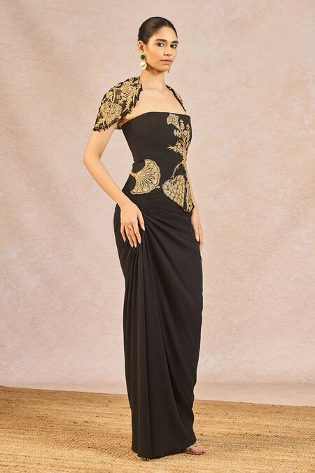 Buy_Masaba_Black Crepe, Tulle Embroidery, Sequins, Ikrar Hua Embrodiered Shrug And Skirt Set _Online_at_Aza_Fashions