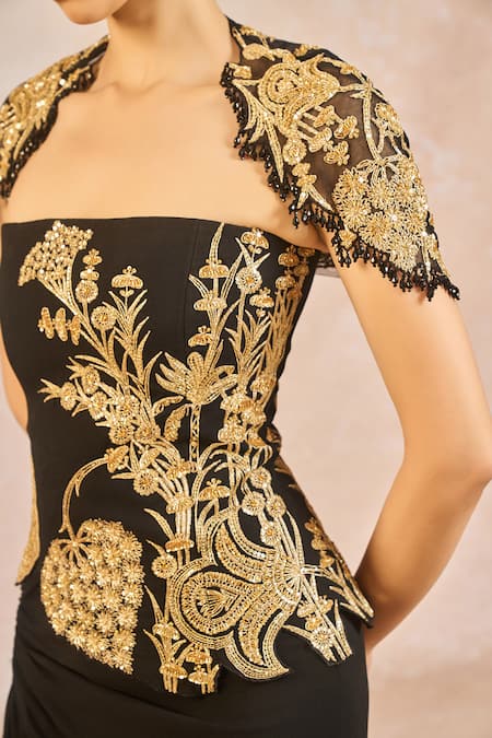 Shop_Masaba_Black Crepe, Tulle Embroidery, Sequins, Ikrar Hua Embrodiered Shrug And Skirt Set _Online_at_Aza_Fashions