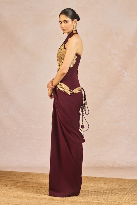 Masaba Burgundy Crepe Embroidery, Crystals, Tassels, Kareeb Se Draped Corset Skirt Online at Aza Fashions Masaba_Burgundy Crepe Embroidery, Crystals, Tassels, Kareeb Se Draped Corset Skirt _Online_at_Aza_Fashions