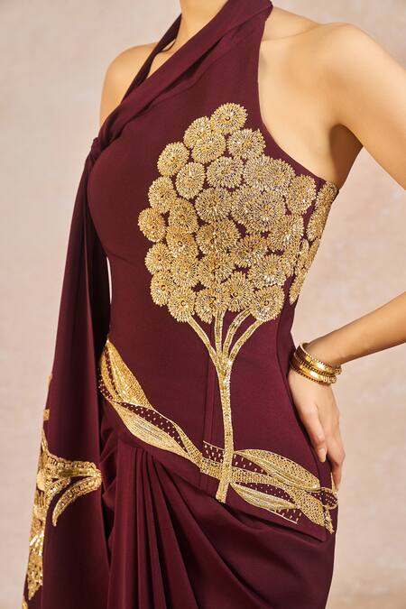 Buy Masaba Burgundy Crepe Embroidery, Crystals, Tassels, Kareeb Se Draped Corset Skirt Online at Aza Fashions Buy_Masaba_Burgundy Crepe Embroidery, Crystals, Tassels, Kareeb Se Draped Corset Skirt _Online_at_Aza_Fashions