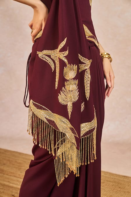 Shop Masaba Burgundy Crepe Embroidery, Crystals, Tassels, Kareeb Se Draped Corset Skirt Online at Aza Fashions Shop_Masaba_Burgundy Crepe Embroidery, Crystals, Tassels, Kareeb Se Draped Corset Skirt _Online_at_Aza_Fashions