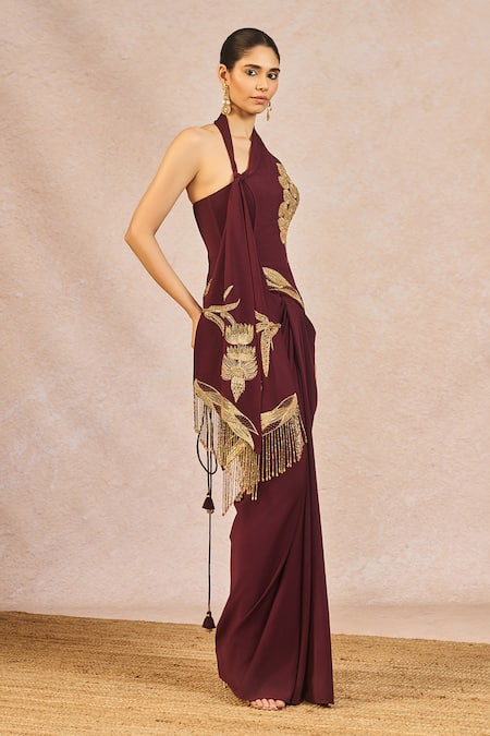 Masaba Burgundy Crepe Embroidery, Crystals, Tassels, Kareeb Se Draped Corset Skirt at Aza Fashions Masaba_Burgundy Crepe Embroidery, Crystals, Tassels, Kareeb Se Draped Corset Skirt _at_Aza_Fashions