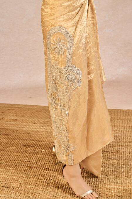 Shop Masaba Gold Tissue Sequins, Beads Chandni Embroidered Bustier And Draped Veshti Skirt Set Online at Aza Fashions Shop_Masaba_Gold Tissue Sequins, Beads Chandni Embroidered Bustier And Draped Veshti Skirt Set _Online_at_Aza_Fashions