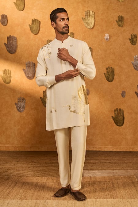 Masaba_Ivory Silk, Shantoon Foil Printing Crane Dawn Kurta Set _Online_at_Aza_Fashions