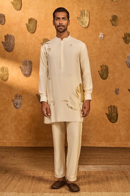 Masaba Ivory Silk, Shantoon Foil Printing Crane Dawn Kurta Set 