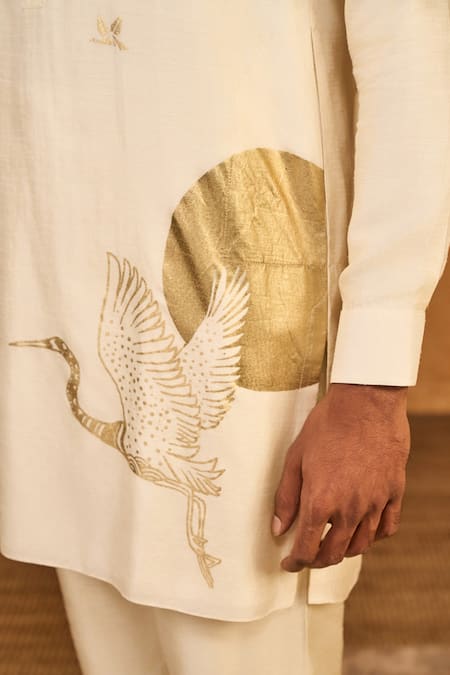 Shop_Masaba_Ivory Silk, Shantoon Foil Printing Crane Dawn Kurta Set _Online_at_Aza_Fashions