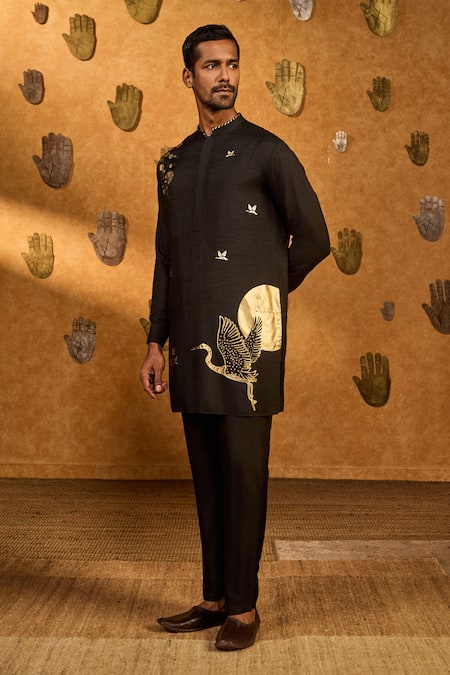 Shop_Masaba_Black Silk, Shantoon Foil Printing Crane Dawn Kurta Set _Online_at_Aza_Fashions
