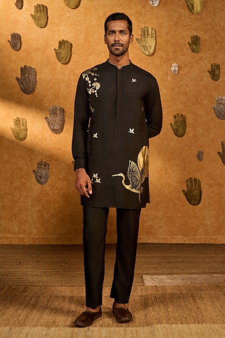 Masaba Black Silk, Shantoon Foil Printing Crane Dawn Kurta Set 
