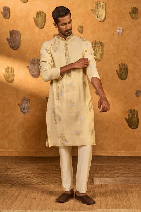 Buy_Masaba_Gold Tissue Foil Printing, Embroidery Ivory Moon Garden Kurta Set _Online_at_Aza_Fashions