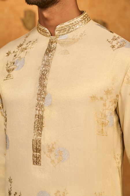 Masaba_Gold Tissue Foil Printing, Embroidery Ivory Moon Garden Kurta Set _at_Aza_Fashions