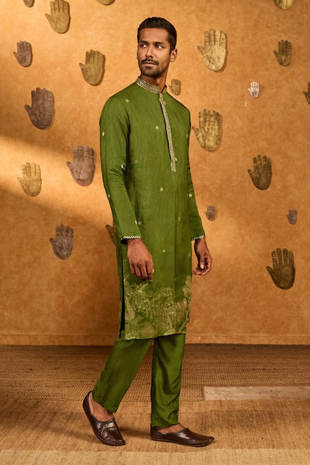 Masaba_Olive Green Jacquard Embroidery, Zari Zen Kurta Set _Online_at_Aza_Fashions