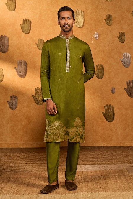 Masaba Olive Green Jacquard Embroidery, Zari Zen Kurta Set 