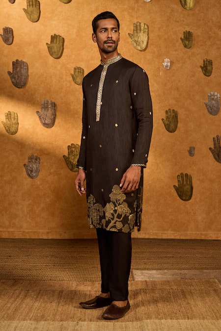 Masaba_Black Jacquard Embroidery Zen Kurta With Pant_at_Aza_Fashions