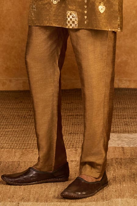 Masaba_Brown Tissue Foil Printing Mocha Folkstone Kurta Set _Online_at_Aza_Fashions