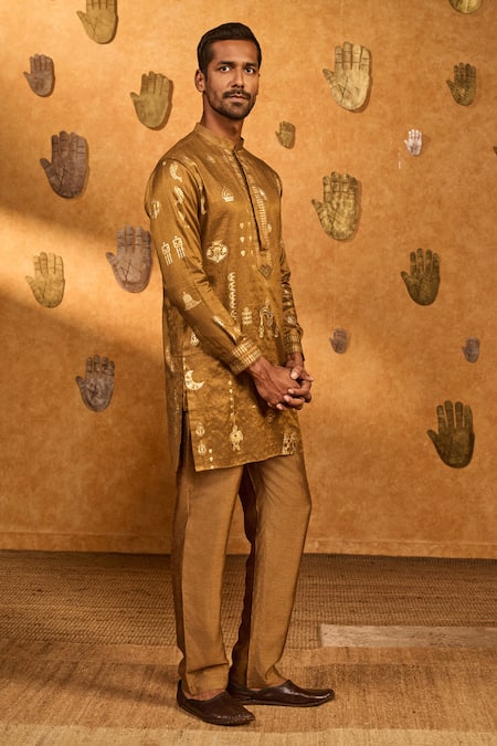 Buy_Masaba_Brown Tissue Foil Printing Mocha Folkstone Kurta Set _Online_at_Aza_Fashions