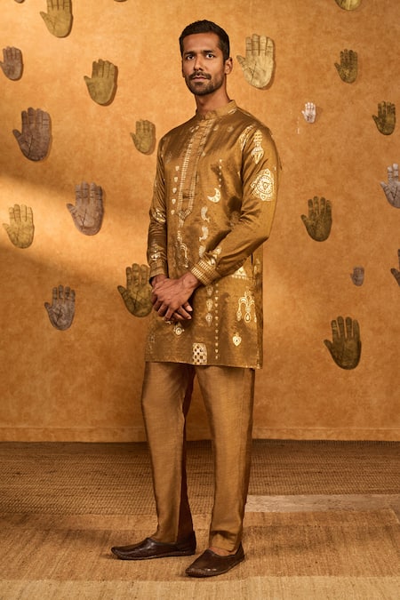 Shop_Masaba_Brown Tissue Foil Printing Mocha Folkstone Kurta Set _Online_at_Aza_Fashions