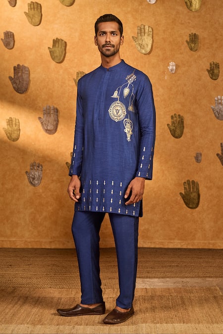 Shop_Masaba_Sapphire Silk Foil Printing Trinklet And Pots Kurta Set _Online_at_Aza_Fashions