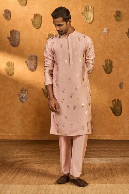 Shop Masaba Pink Silk Foil Printing Baby Whispering Leaf Kurta Set Online at Aza Fashions Shop_Masaba_Pink Silk Foil Printing Baby Whispering Leaf Kurta Set _Online_at_Aza_Fashions