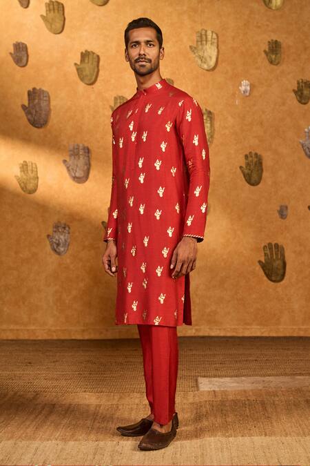 Buy_Masaba_Red Silk Foil Printing Whispering Leaf Kurta Set _Online_at_Aza_Fashions