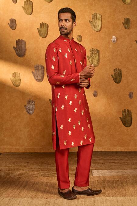 Shop_Masaba_Red Silk Foil Printing Whispering Leaf Kurta Set _Online_at_Aza_Fashions