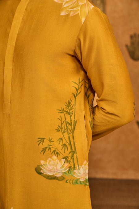 Masaba_Yellow Chanderi Ochre Bamboo Grove Kurta Set_Online_at_Aza_Fashions