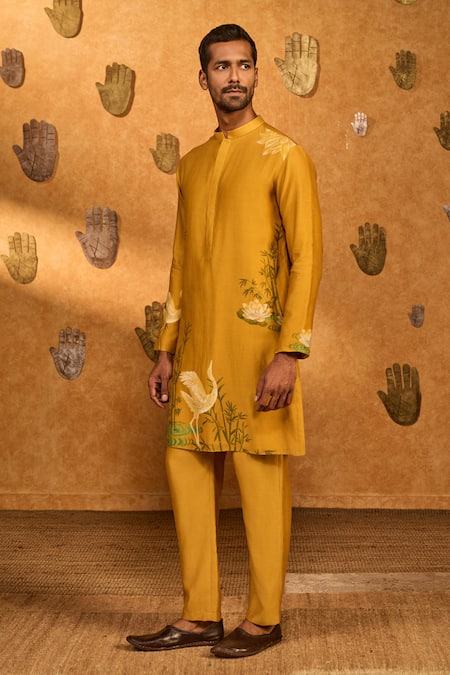 Masaba_Yellow Chanderi Ochre Bamboo Grove Kurta Set_at_Aza_Fashions