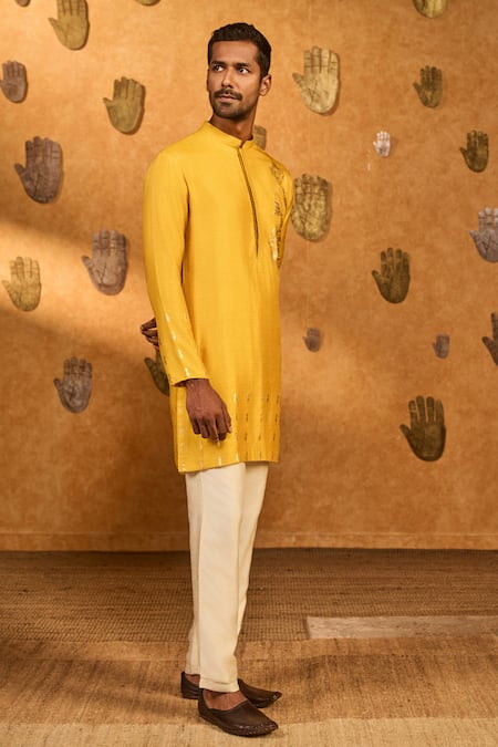 Masaba Yellow Silk Foil Printing Ochre Trinklet And Pots Kurta Set Online at Aza Fashions Masaba_Yellow Silk Foil Printing Ochre Trinklet And Pots Kurta Set_Online_at_Aza_Fashions
