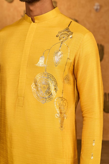 Buy Masaba Yellow Silk Foil Printing Ochre Trinklet And Pots Kurta Set Online at Aza Fashions Buy_Masaba_Yellow Silk Foil Printing Ochre Trinklet And Pots Kurta Set_Online_at_Aza_Fashions