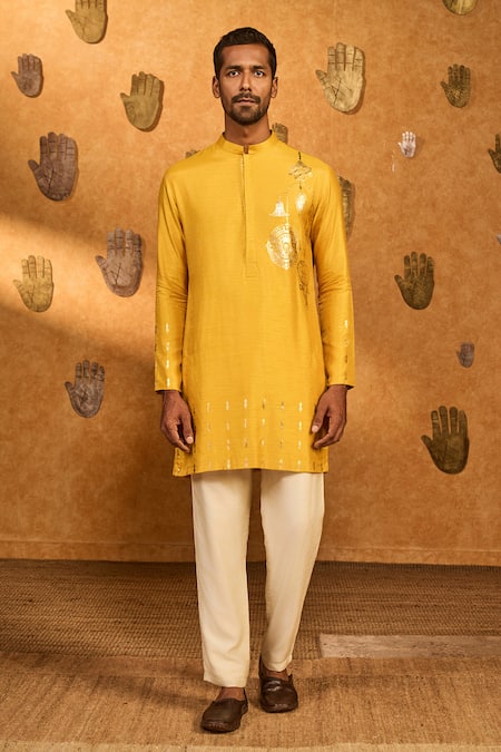 Masaba Yellow Silk Foil Printing Ochre Trinklet And Pots Kurta Set