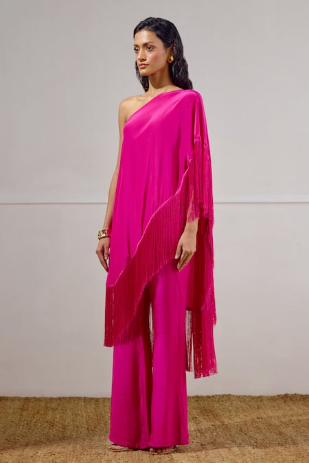 Buy_Lavanya Ahuja_Pink Crepe One Shoulder Sea Sprite Cape Set _Online_at_Aza_Fashions