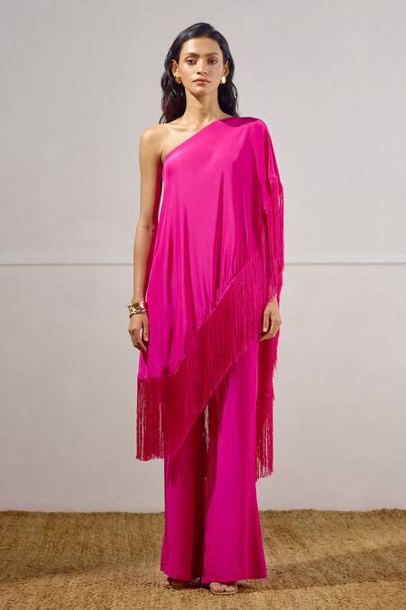 Lavanya Ahuja_Pink Crepe One Shoulder Sea Sprite Cape Set _at_Aza_Fashions