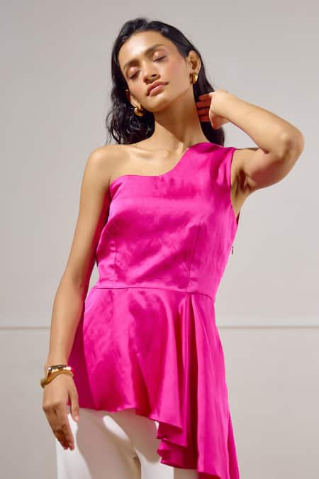 Buy Lavanya Ahuja Pink Linen, Satin One Shoulder Cascade Peplum Top Online at Aza Fashions Buy_Lavanya Ahuja_Pink Linen, Satin One Shoulder Cascade Peplum Top _Online_at_Aza_Fashions