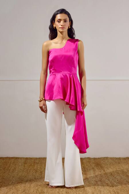Lavanya Ahuja Pink Linen, Satin One Shoulder Cascade Peplum Top at Aza Fashions Lavanya Ahuja_Pink Linen, Satin One Shoulder Cascade Peplum Top _at_Aza_Fashions