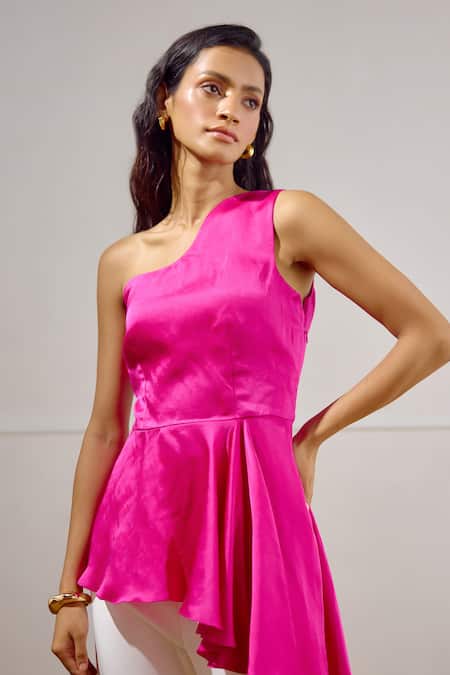 Lavanya Ahuja Pink Linen, Satin One Shoulder Cascade Peplum Top 