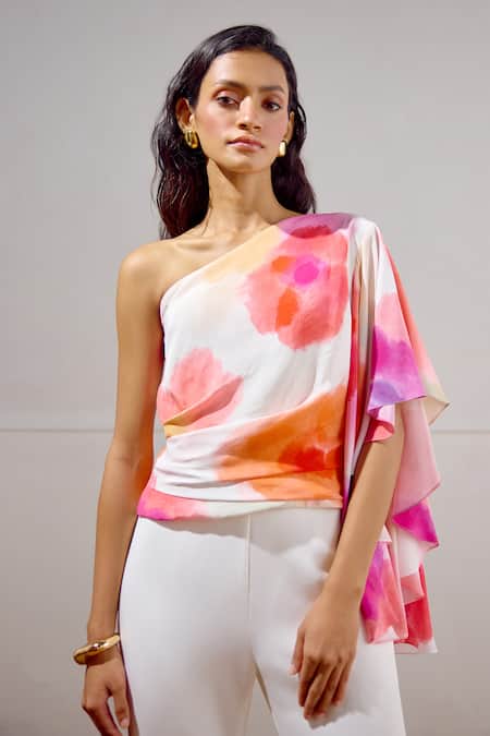Lavanya Ahuja White Crepe One Shoulder Billow Draped Top 