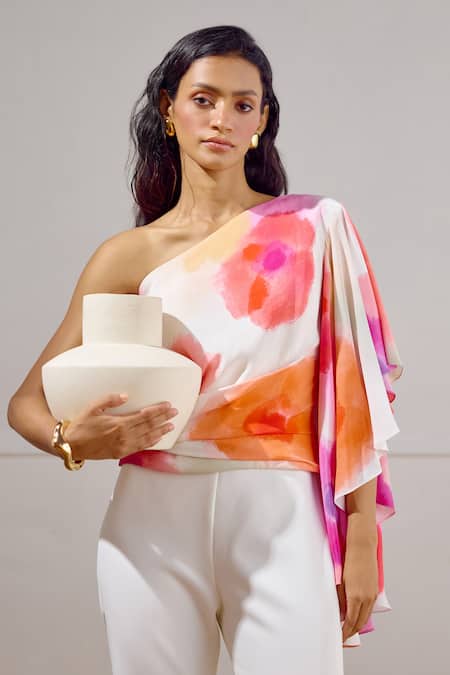 Shop Lavanya Ahuja White Crepe One Shoulder Billow Draped Top Online at Aza Fashions Shop_Lavanya Ahuja_White Crepe One Shoulder Billow Draped Top _Online_at_Aza_Fashions