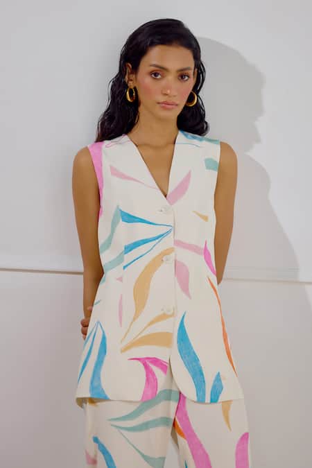 Lavanya Ahuja Multi Color Crepe V-neck Mariner Printed Waistcoat Set Online at Aza Fashions Lavanya Ahuja_Multi Color Crepe V-neck Mariner Printed Waistcoat Set _Online_at_Aza_Fashions