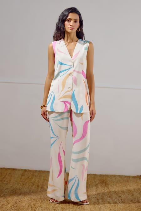 Lavanya Ahuja Multi Color Crepe V-neck Mariner Printed Waistcoat Set 