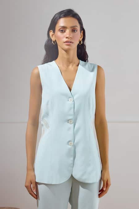 Lavanya Ahuja Sky Blue Crepe Embroidery V-neck Mariner Long Waistcoat And Pant Set Online at Aza Fashions Lavanya Ahuja_Sky Blue Crepe Embroidery V-neck Mariner Long Waistcoat And Pant Set _Online_at_Aza_Fashions