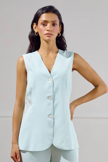 Buy Lavanya Ahuja Sky Blue Crepe Embroidery V-neck Mariner Long Waistcoat And Pant Set Online at Aza Fashions Buy_Lavanya Ahuja_Sky Blue Crepe Embroidery V-neck Mariner Long Waistcoat And Pant Set _Online_at_Aza_Fashions