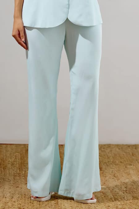 Shop Lavanya Ahuja Sky Blue Crepe Embroidery V-neck Mariner Long Waistcoat And Pant Set Online at Aza Fashions Shop_Lavanya Ahuja_Sky Blue Crepe Embroidery V-neck Mariner Long Waistcoat And Pant Set _Online_at_Aza_Fashions