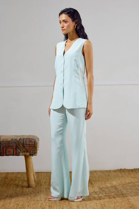 Lavanya Ahuja Sky Blue Crepe Embroidery V-neck Mariner Long Waistcoat And Pant Set at Aza Fashions Lavanya Ahuja_Sky Blue Crepe Embroidery V-neck Mariner Long Waistcoat And Pant Set _at_Aza_Fashions