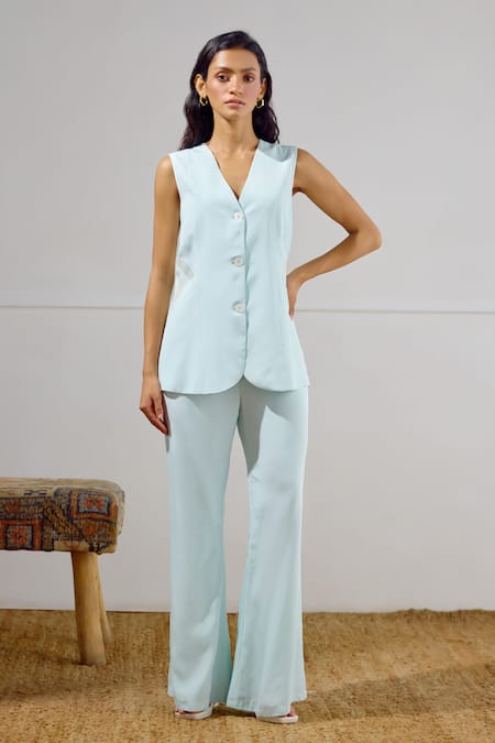Lavanya Ahuja Sky Blue Crepe Embroidery V-neck Mariner Long Waistcoat And Pant Set 