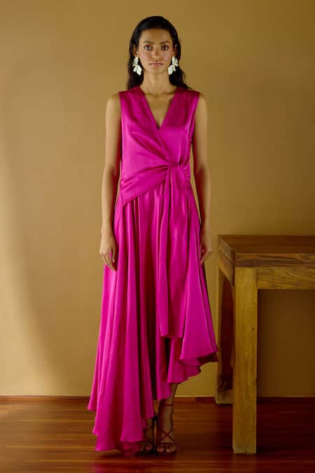 Buy_Lavanya Ahuja_Fuchsia Linen, Satin V-neck Kindred Spirit Tie Up Dress _Online_at_Aza_Fashions